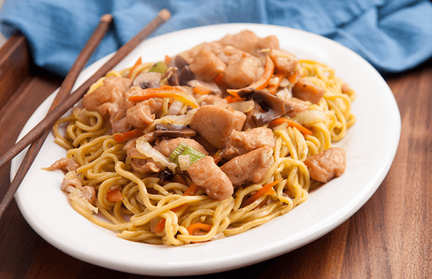 Plate of chicken and vegetable chow mein
