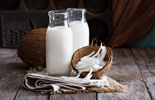 Coconuts and small bottles of milk
